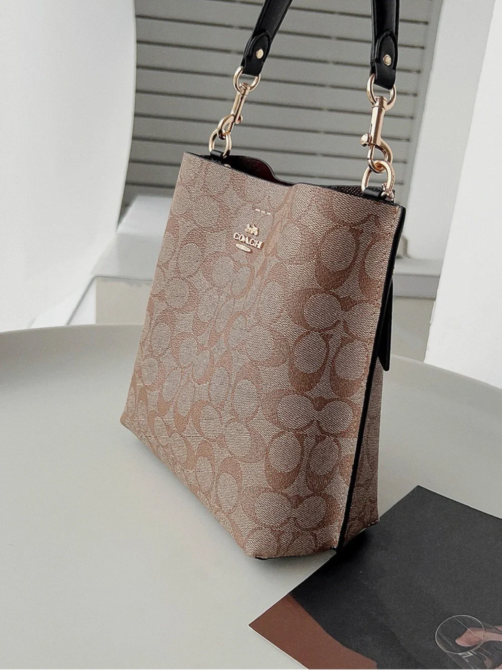 Coach Khaki/Brown Signature Canvas Bucket Crossbody